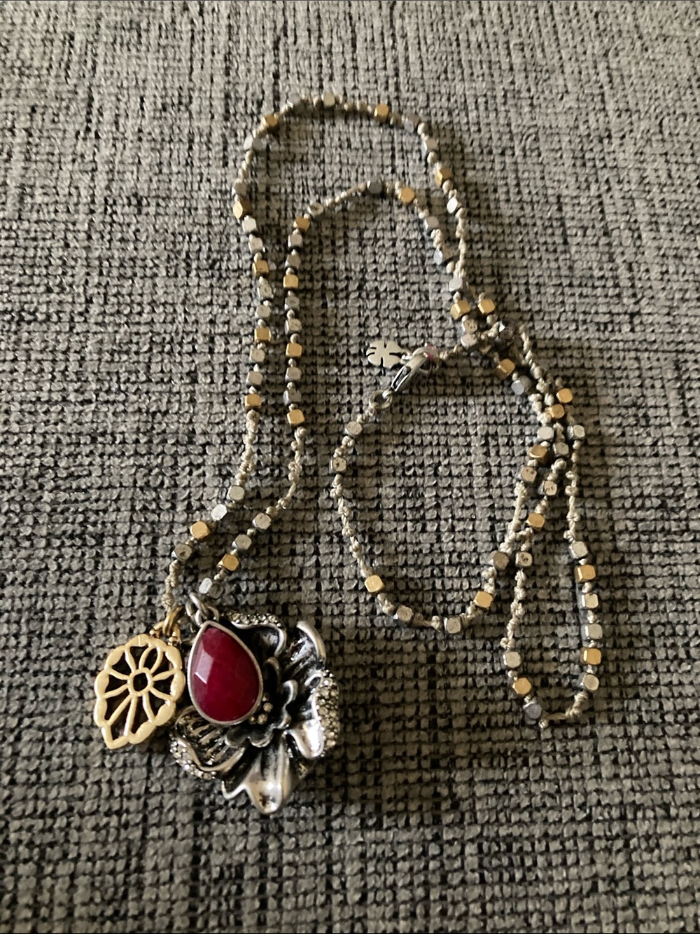 Lucky Brand Gold & Silver Beaded Necklace with Deep Red Teardrop Pendant